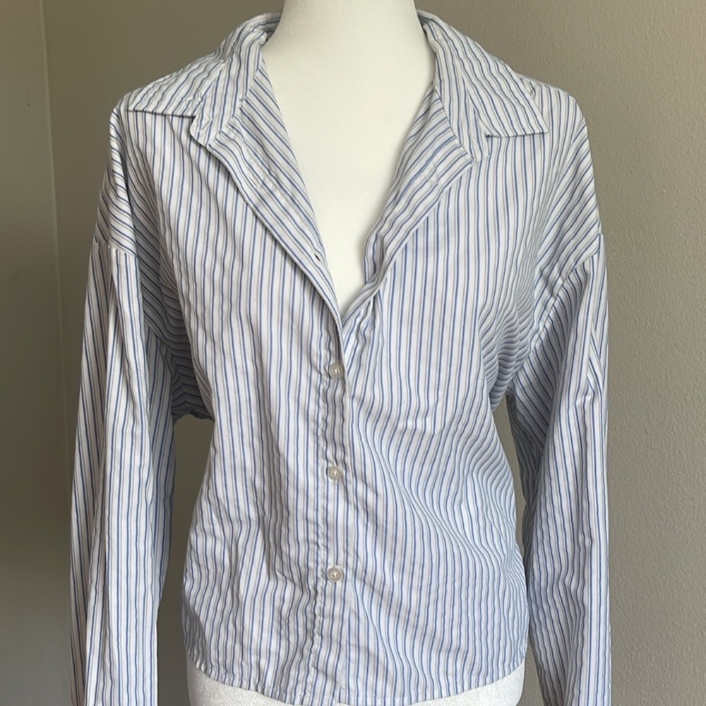Banana Republic White and Blue Casual Cropped Button Down Shirt Size L